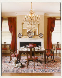 ALBERT THE GREAT. Daisy, one of the Gores’ canine family members, relaxes in the first-floor dining room of the residence designed by Albert Hadley. Number One Observatory Circle, the official home and residence of the Vice President of the United States. (Photographer: Oberto Gili). Text credit: Charles Denyer.