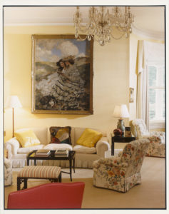 LIVING ROOM LUXURY. A James Shannon painting, On the Dunes, hangs in the Gores’ living room that’s accented with brightly colored fabrics, ivory curtains, a Pembroke table, a twentieth-century bowl, and other furnishings. The crystal chandelier was already installed in the home. Number One Observatory Circle, the official home and residence of the Vice President of the United States. (Photographer: Oberto Gili). Text credit: Charles Denyer.