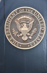 THE VEEP LIVES HERE: Vice-presidential seal displayed on one of the gates at Number One Observatory Circle, the official residence of the Vice President of the United States. (Credit: facebook, Number One Observatory Circle Facebook Page). (Credit: facebook, Number One Observatory Circle Facebook Page). Text credit: Charles Denyer.