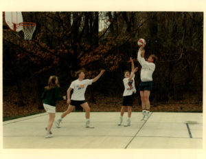 Shooting Hoops: Vice President Dan Quayle playing basketball with his three children (Corrine Quayle, Ben Quayle, and Tucker Quayle) on the grounds of the U.S. Naval Observatory. Number One Observatory Circle, the official home and residence of the Vice President of the United States. Photographer: Steven Purcell. Text credit: Charles Denyer.