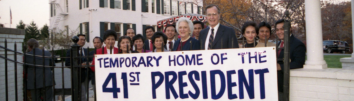 Landslide Victory: President-Elect George H.W. Bush and wife Barbara – a day after their victory in the 1988 presidential election in which Vice President Bush (the nation’s 43rd vice president) defeated Massachusetts Governor Michael Dukakis. Number One Observatory Circle, the official home and residence of the Vice President of the United States. Photo: David Valdez. Text Credit: Charles Denyer.